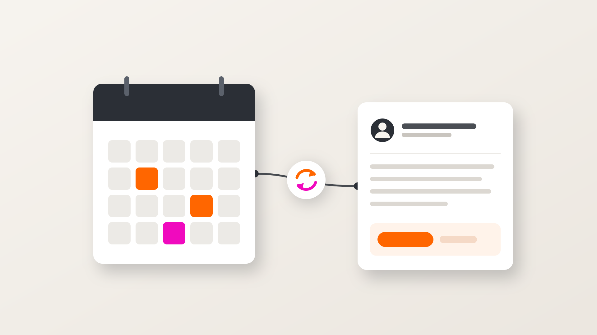 Illustration: Kalender und Kontaktkarte, verbunden über ein Synchronisationssymbol in Orange und Magenta